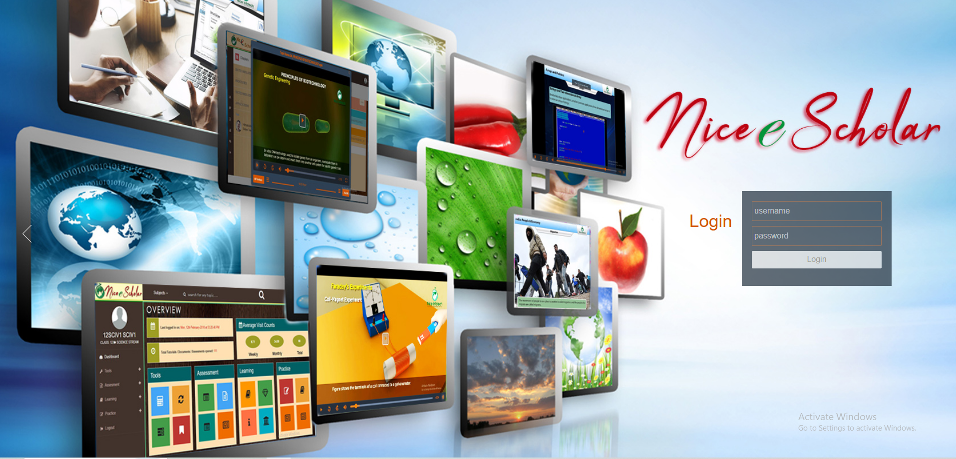 Nice e-Scholar LMS — login screen with app feature collage