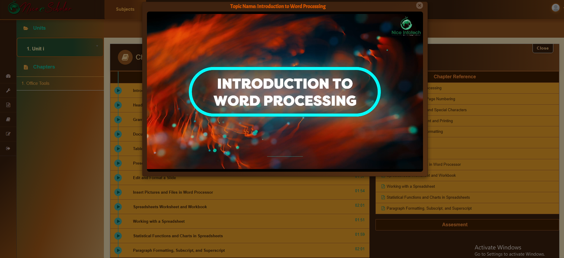 Nice e-Scholar LMS — in-app video lesson player