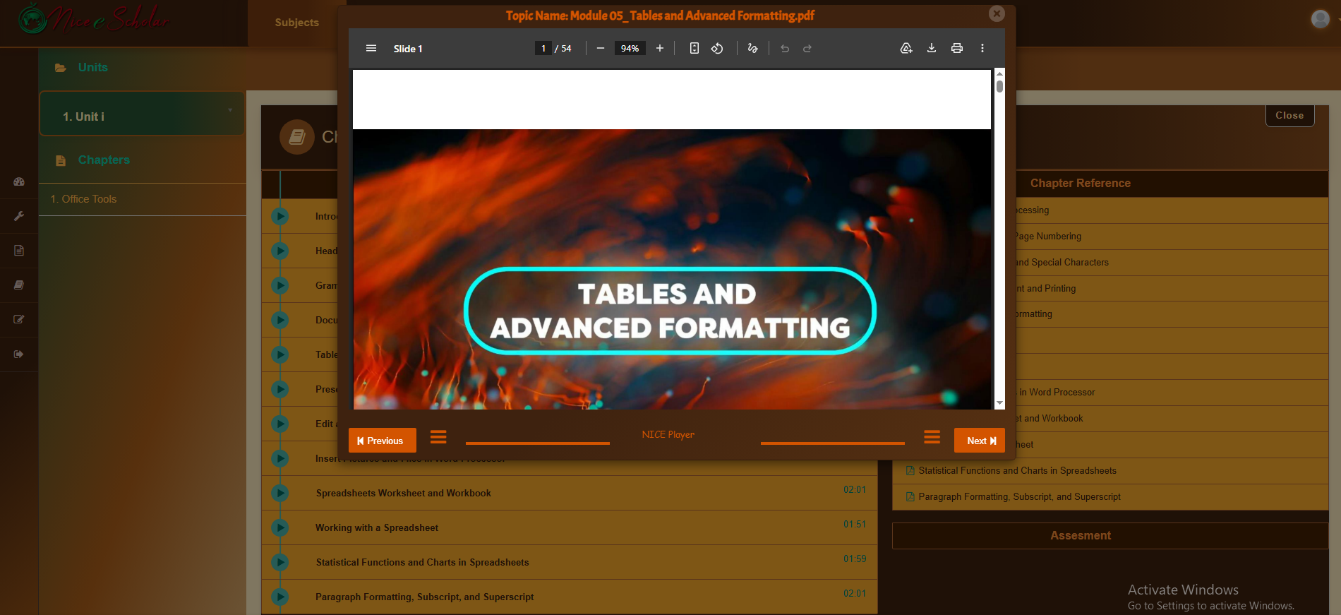 Nice e-Scholar LMS — slide deck viewer for course material