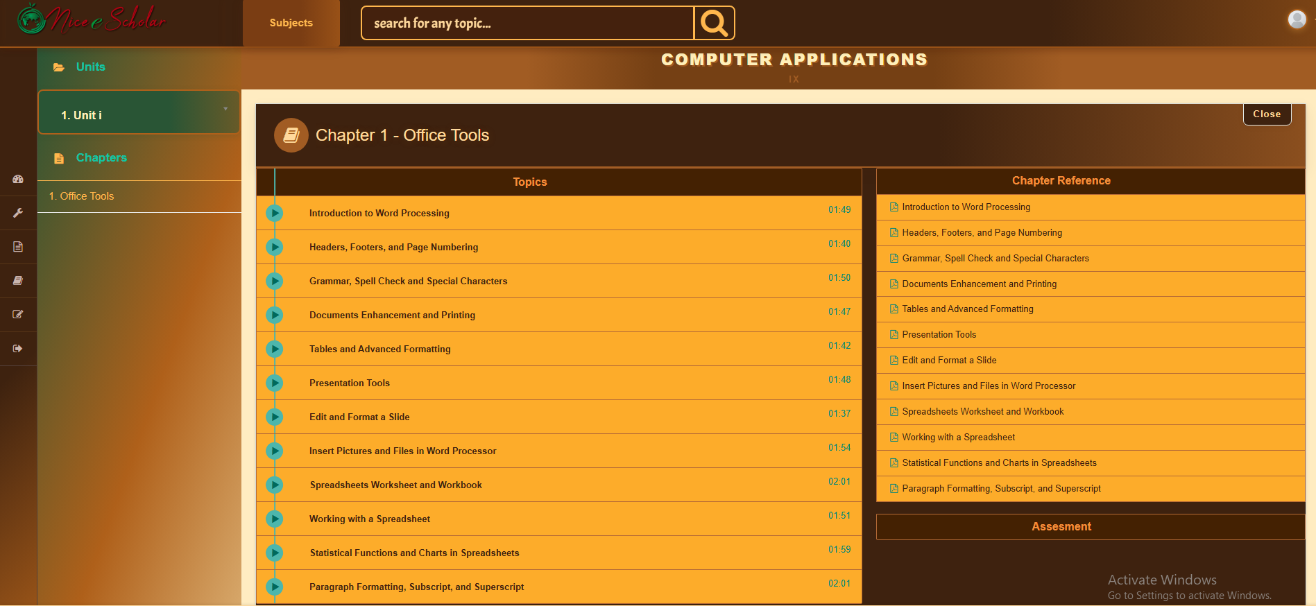Nice e-Scholar LMS — chapter topic list with chapter reference sidebar
