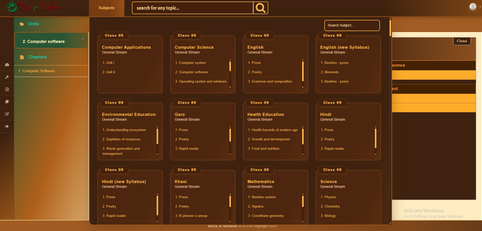 Nice e-Scholar LMS — subject and class catalog