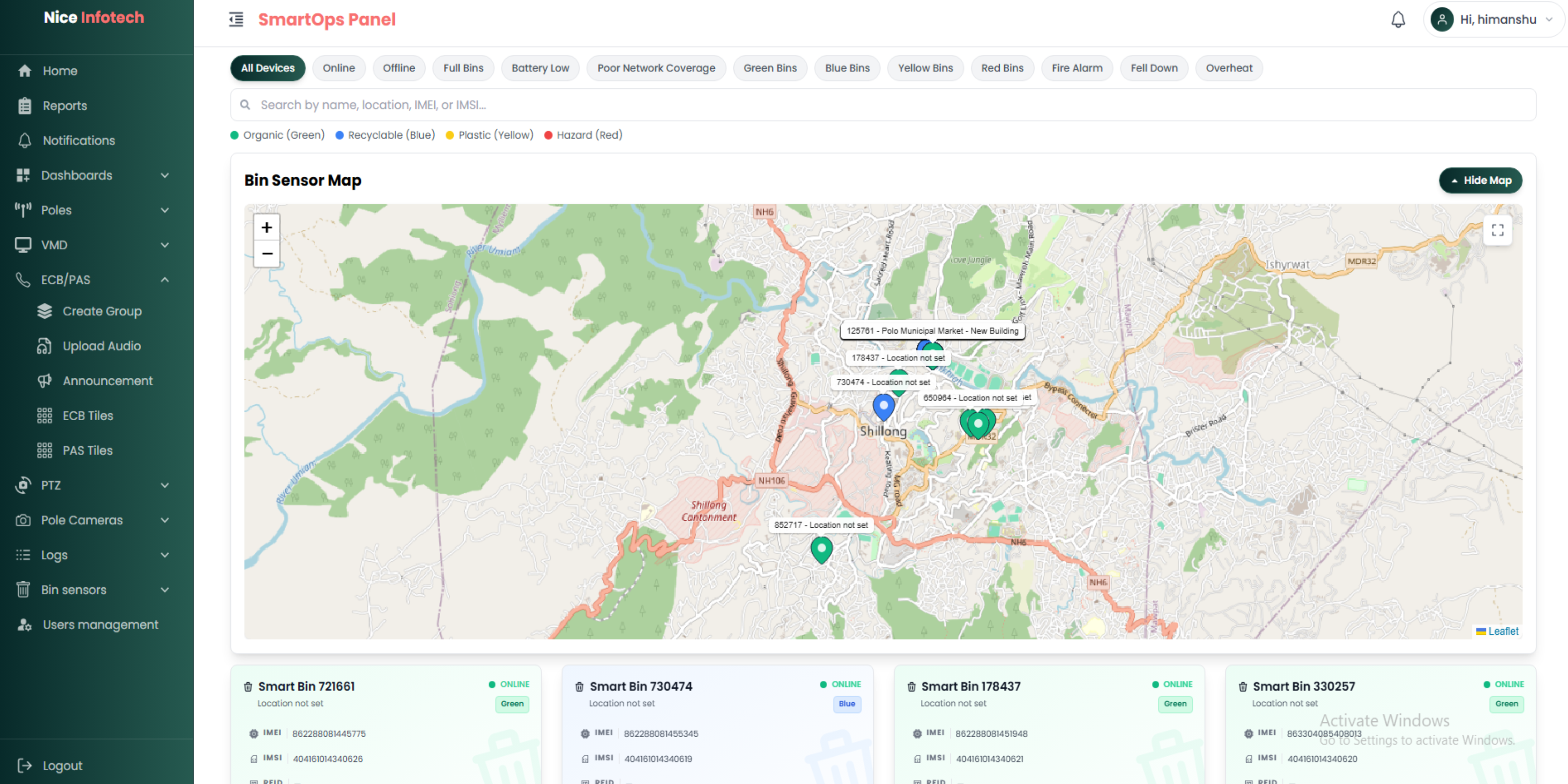 SmartOps Panel — Smart Bin sensor map with color-coded markers over Shillong